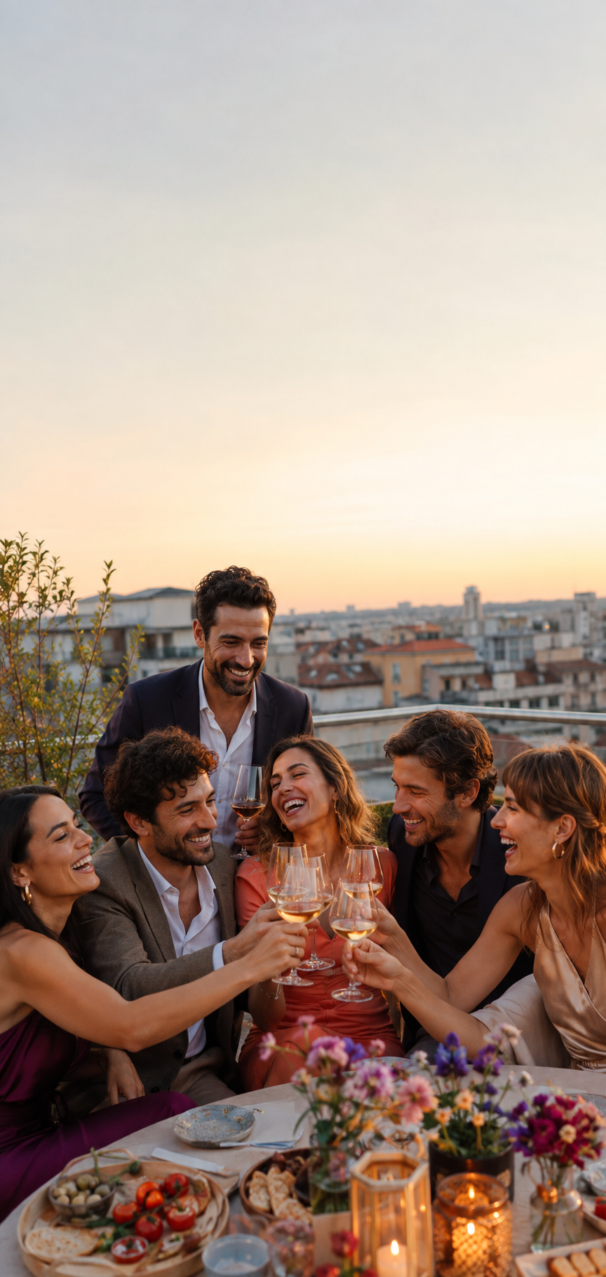Gruppo di amici festeggia su una terrazza italiana